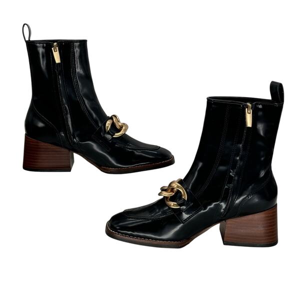 Steve Madden Womens Loreen Chunky Chained Bootie 6.5 Black Faux Patent Leather - Picture 4 of 11